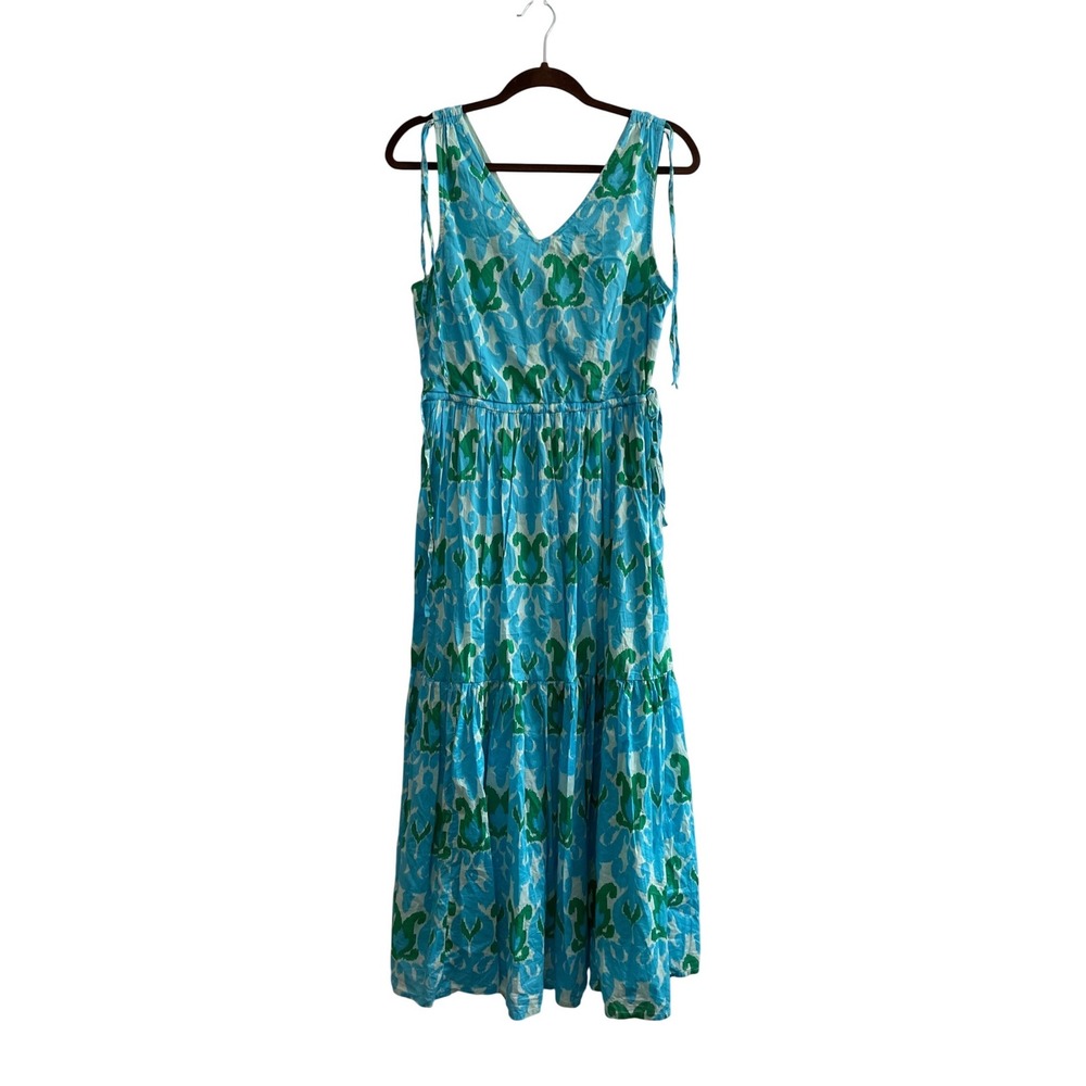Talbots Petite Blue Green Ikat Cotton Tiered Midi Dress 12P Sleeveless V-Neck - Picture 2 of 10